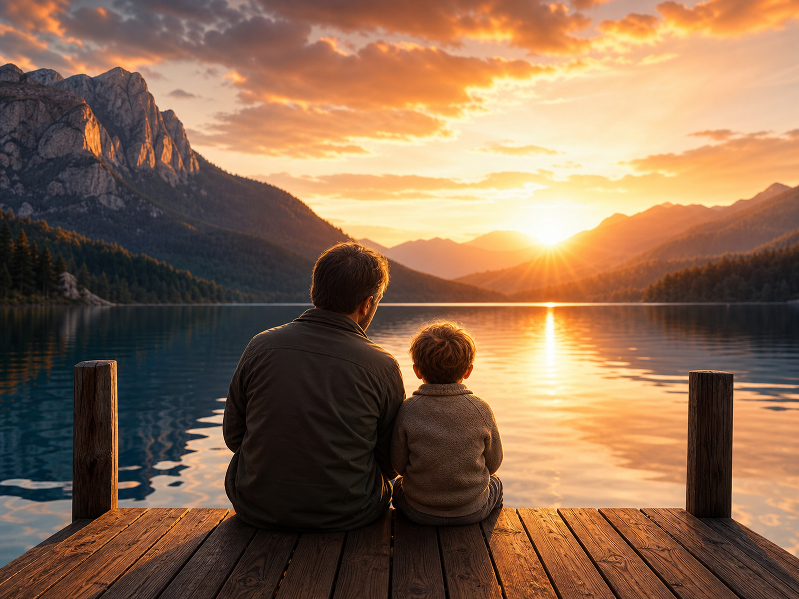 A parent and child sitting together on a dock at sunset